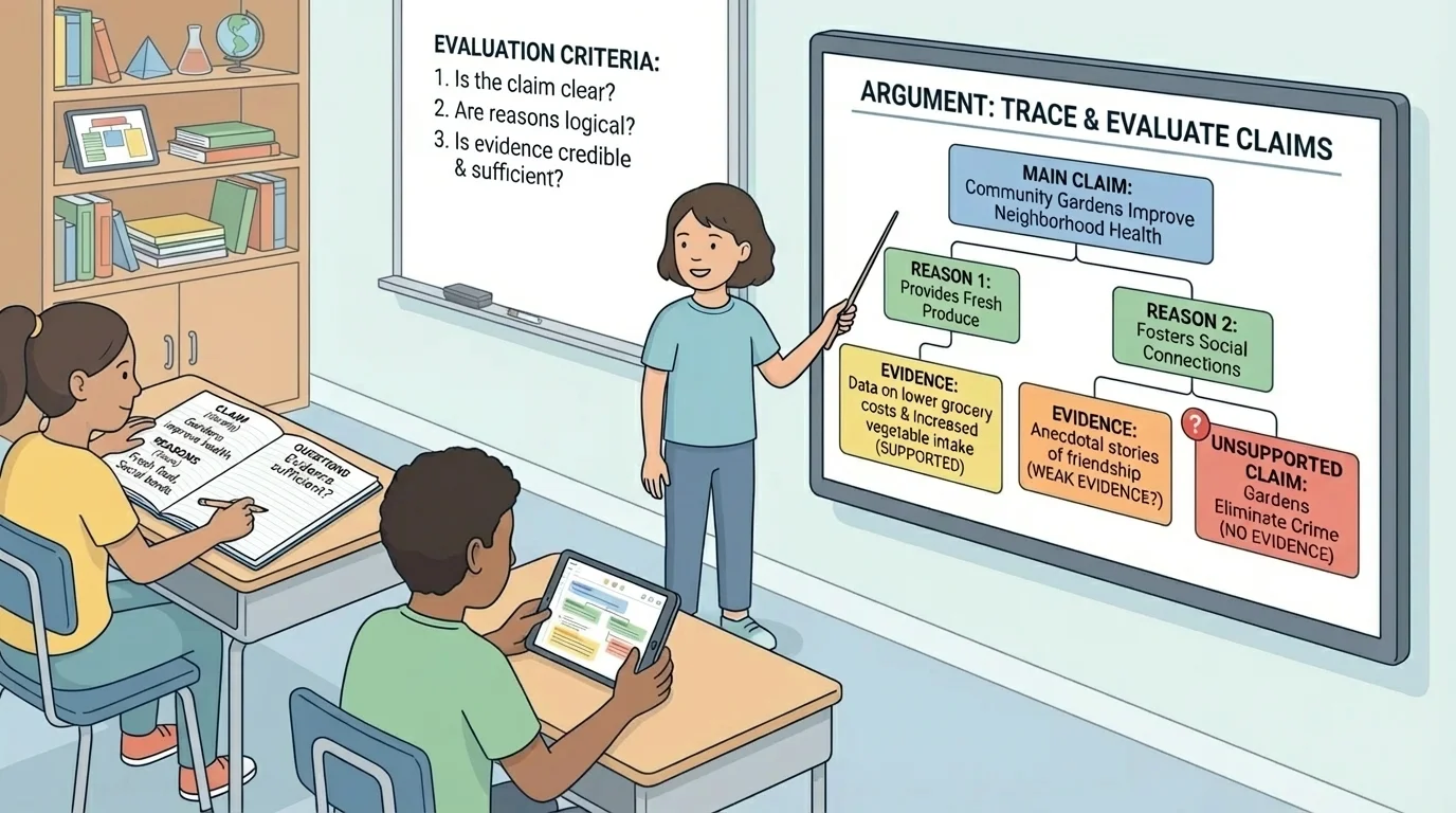 Classroom scene with one student giving a presentation while classmates take notes labeled claim, reasons, evidence, and questions