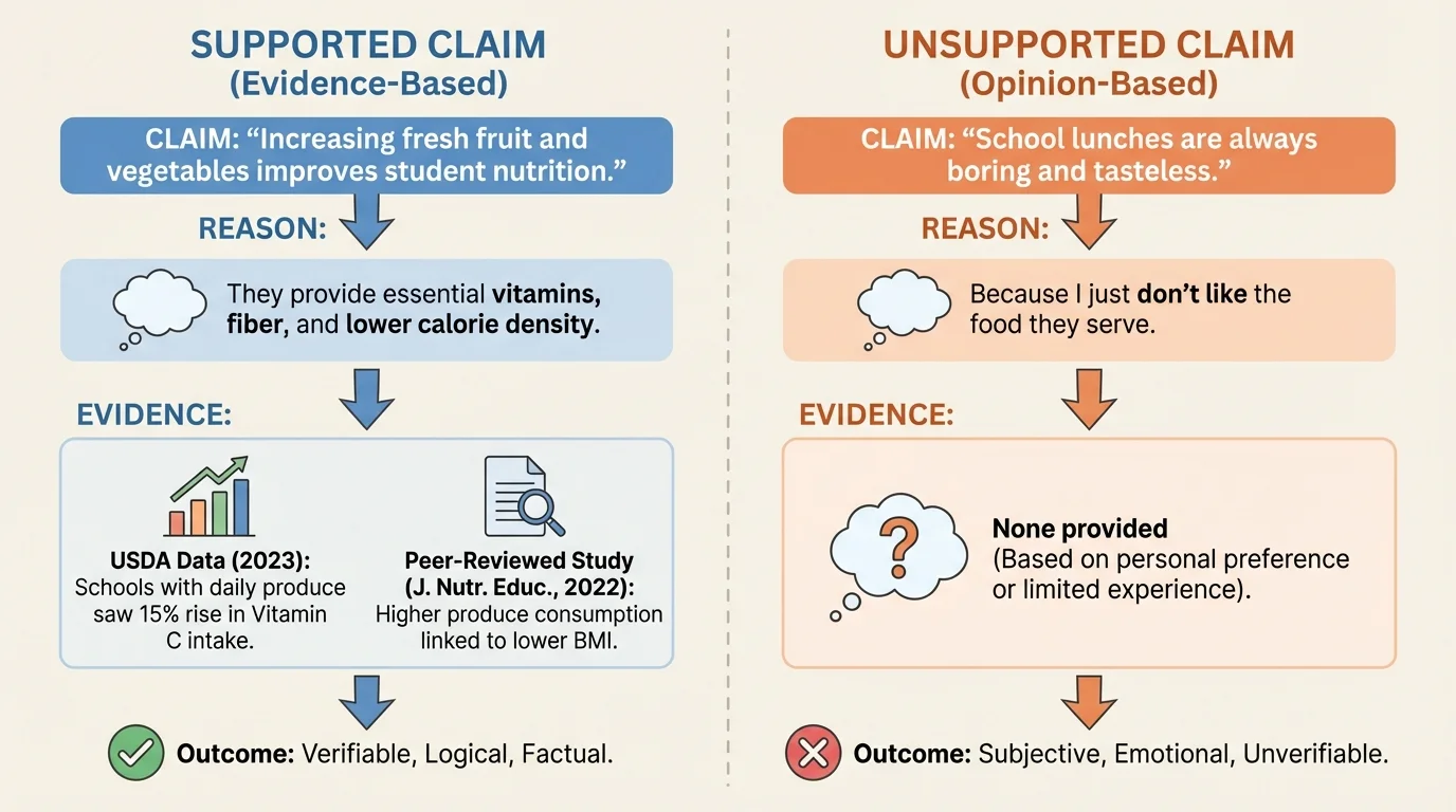 Two-column comparison of supported and unsupported claims about school lunches, with one side showing claim-reason-evidence and the other showing opinion only