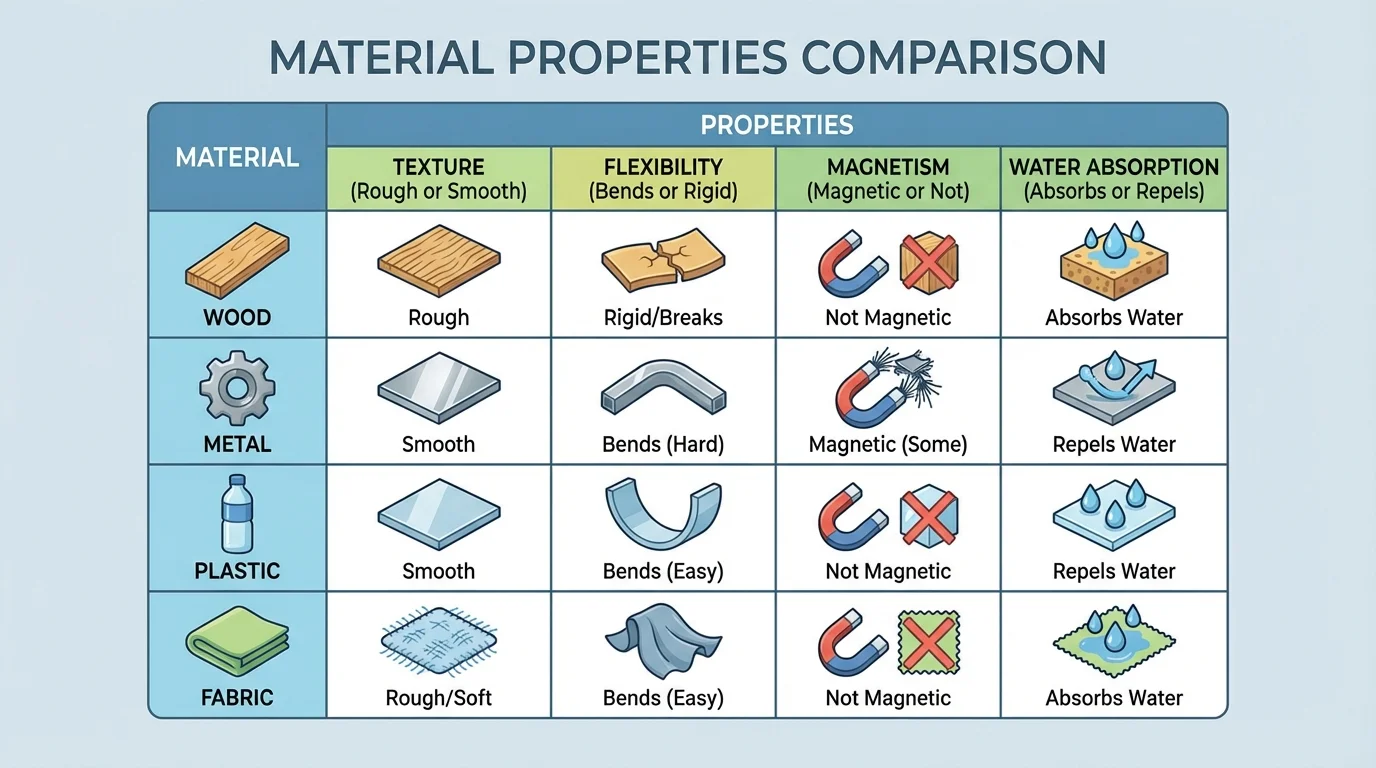 comparison chart of wood, metal, plastic, and fabric with simple icons showing rough or smooth texture, bends or does not bend, magnetic or not magnetic, and absorbs water or not