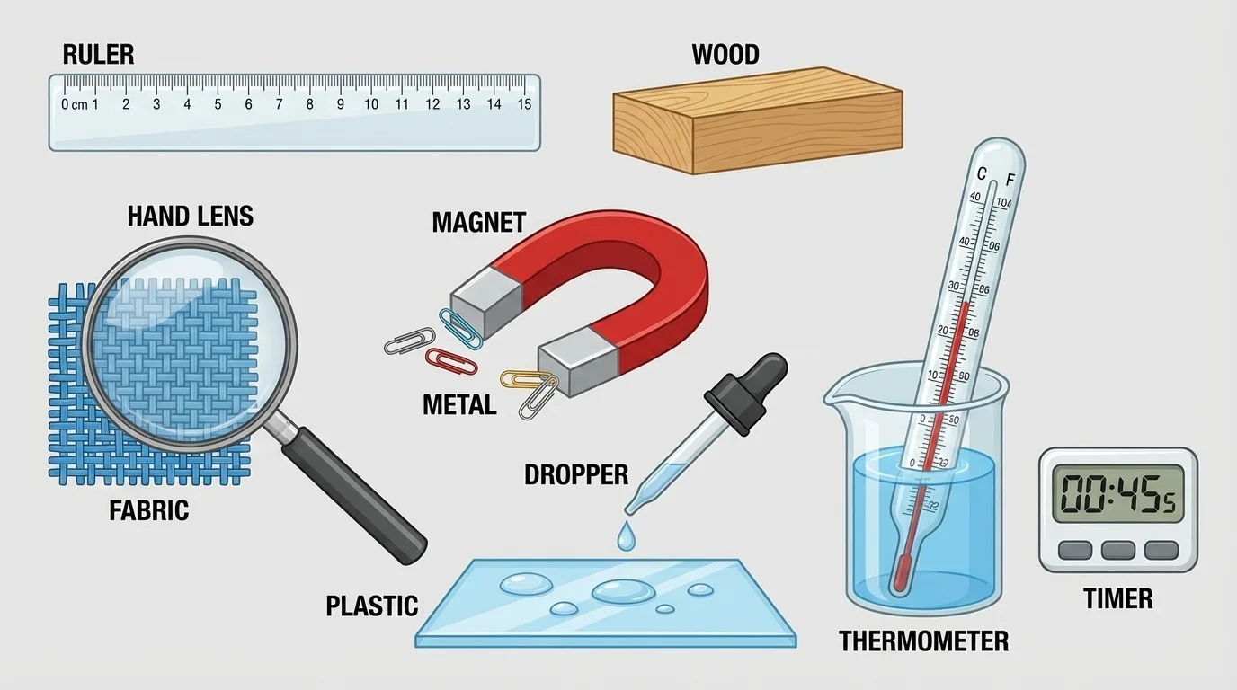 labeled classroom science tools including ruler, hand lens, magnet, dropper, thermometer, and timer placed near example materials such as fabric, wood, metal, and plastic