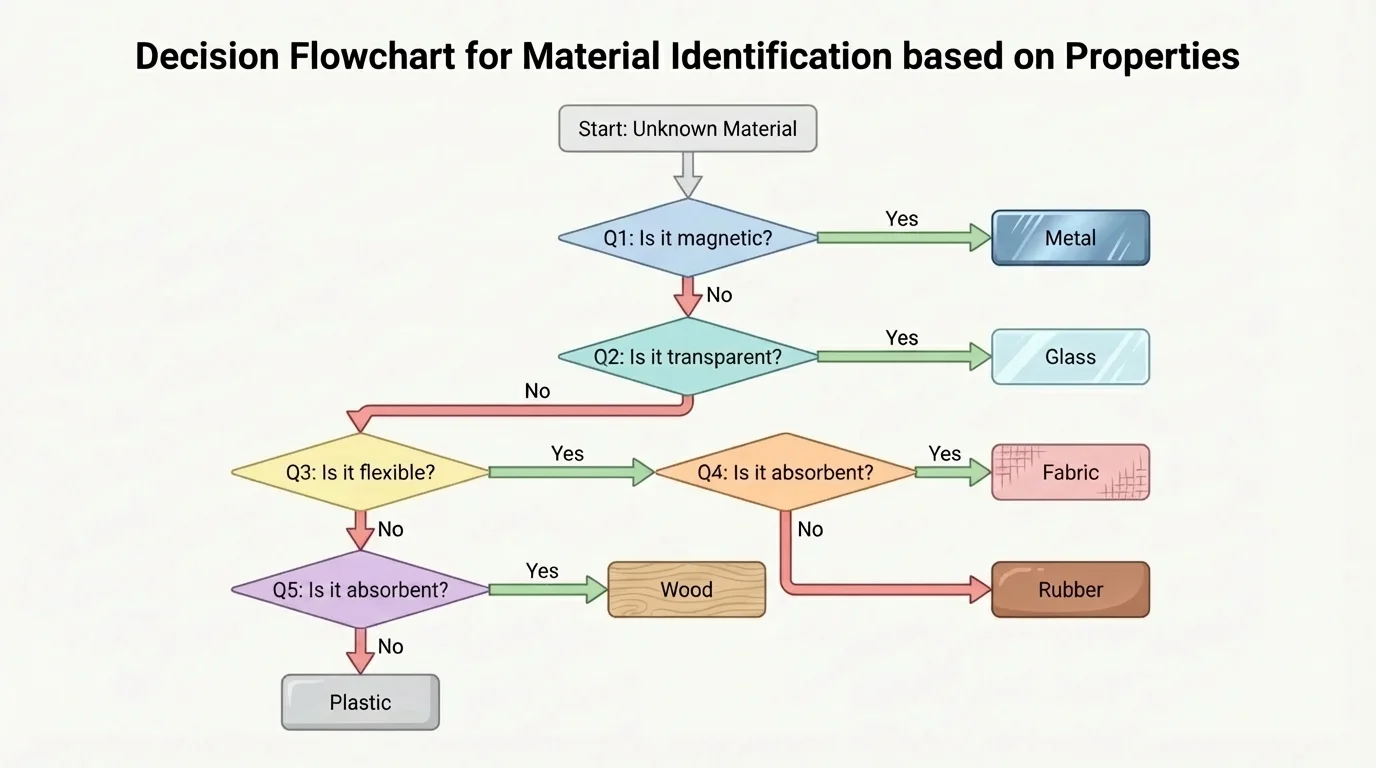 decision flowchart for identifying an unknown material using yes or no questions about magnetic, transparent, flexible, absorbent, and hard leading to metal, glass, rubber, fabric, plastic, or wood