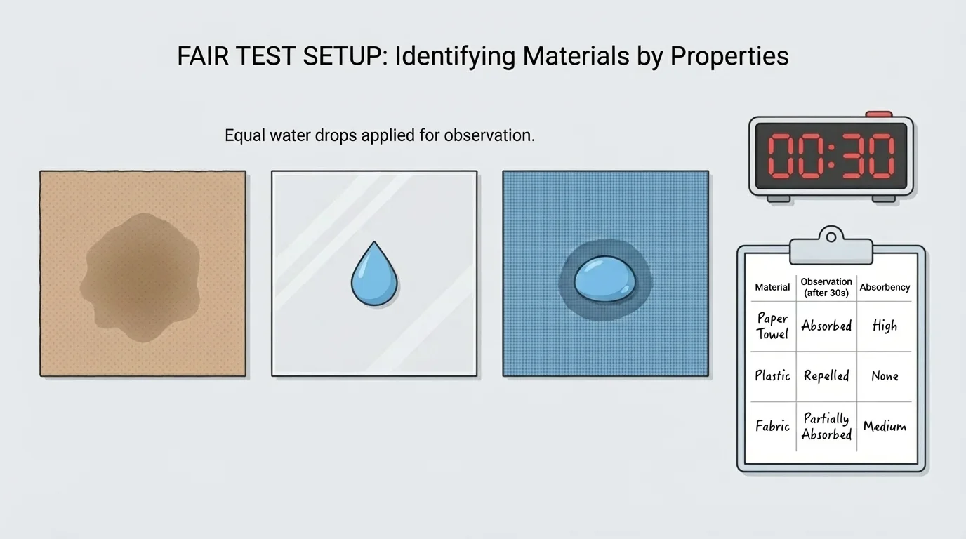 fair test setup with equal water drops placed on paper towel, plastic, and fabric samples, with a timer and a simple recording sheet beside them