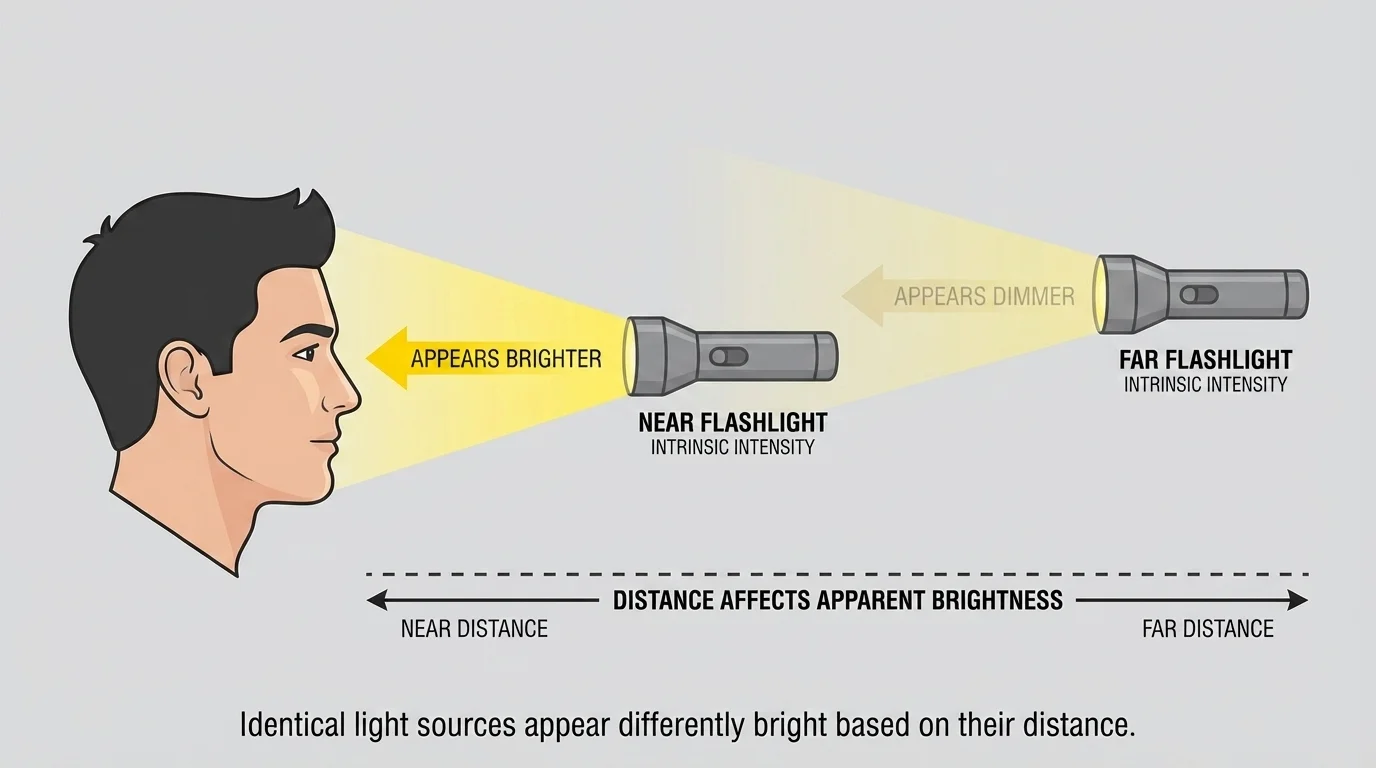 Two identical flashlights aimed toward an observer, one nearby and one far away, with the nearer light appearing brighter