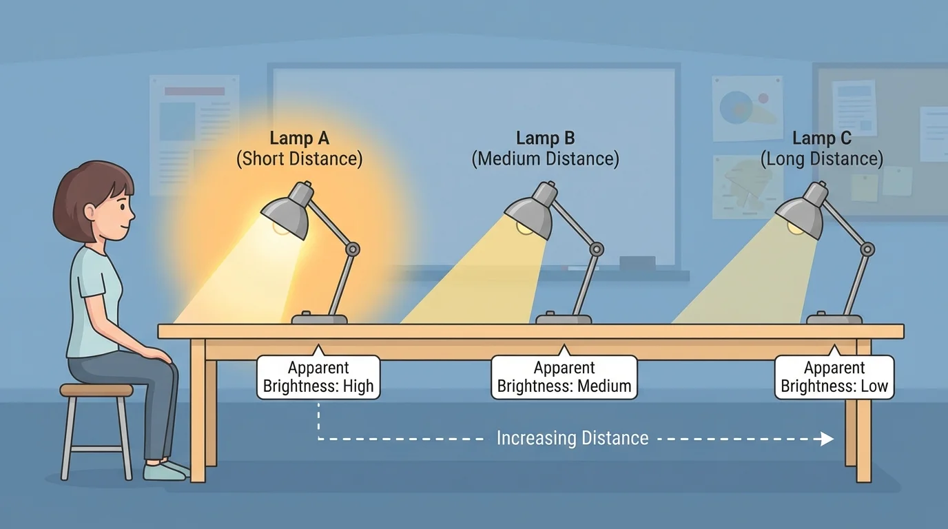 Classroom model showing one observer and three identical lamps placed at short, medium, and long distances
