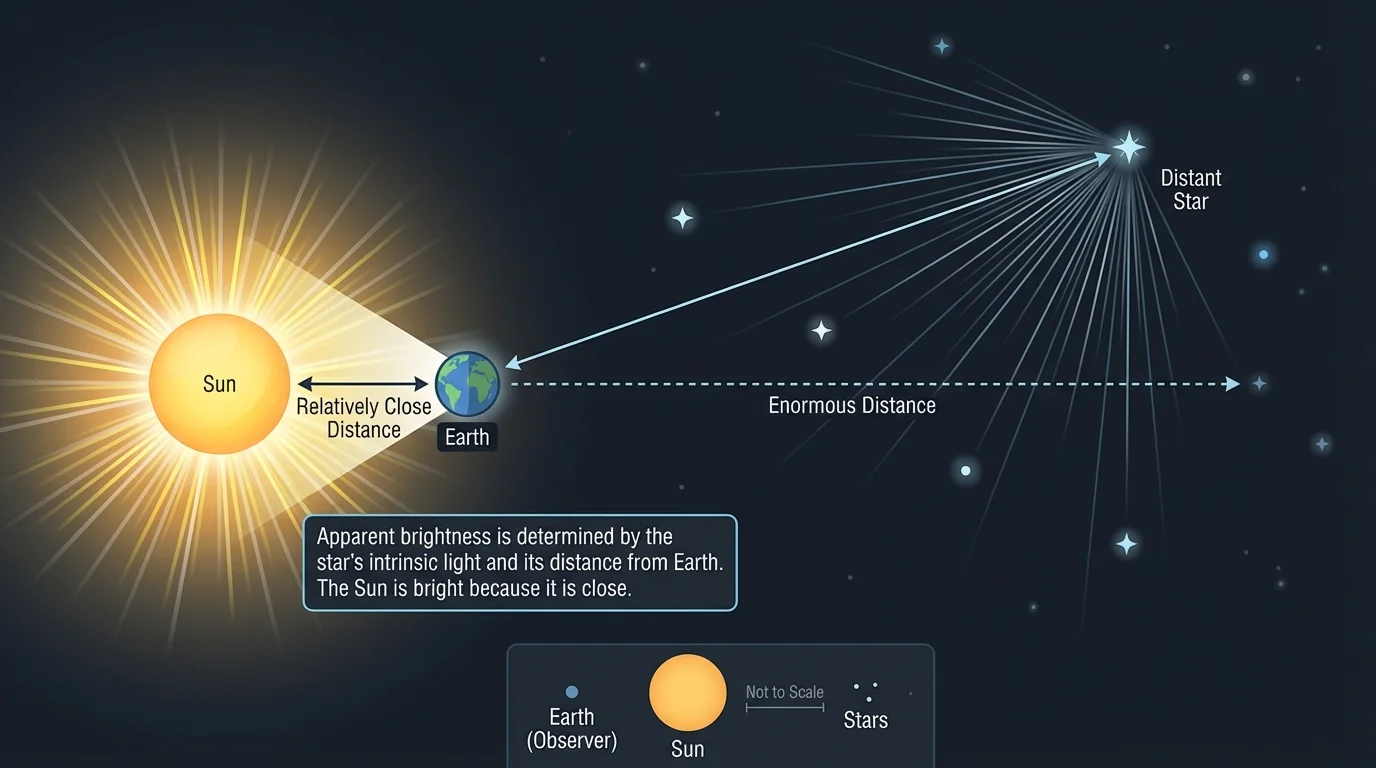 Simple space diagram with Earth near the Sun and very distant stars scattered far beyond, emphasizing distance differences
