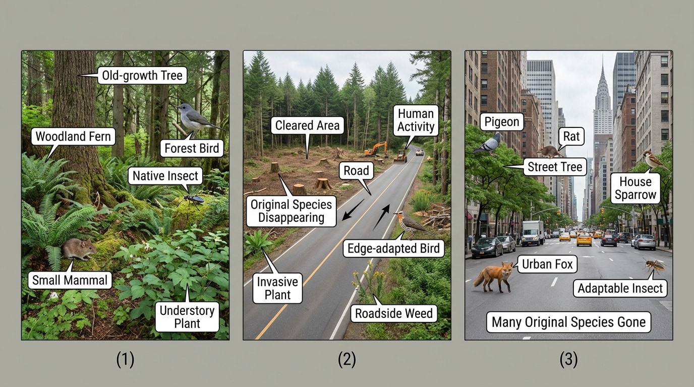 A three-panel sequence: (1) Natural forest with many species labeled; (2) Partially cleared area with a road, showing some species disappearing and a few new ones arriving; (3) City scene with a few adaptable species like pigeons, rats, and street trees labeled as increasing, while many original species are shown as gone.