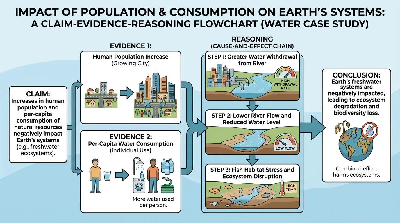 Claim-evidence-reasoning flowchart for a growing city showing population increase and per-person water use leading to greater water withdrawal, lower river flow, and fish habitat stress