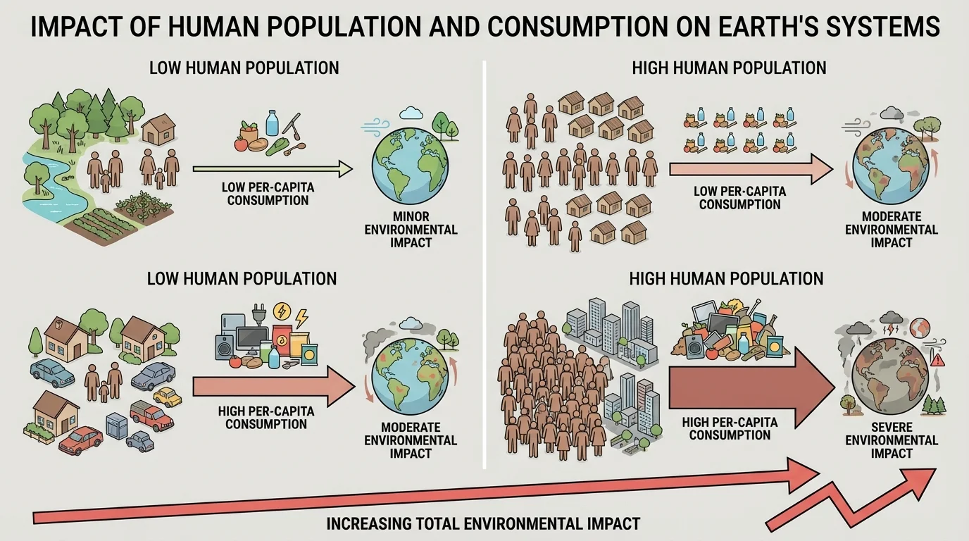 Four-panel comparison showing low population low consumption, high population low consumption, low population high consumption, and high population high consumption, with arrows indicating increasing total environmental impact