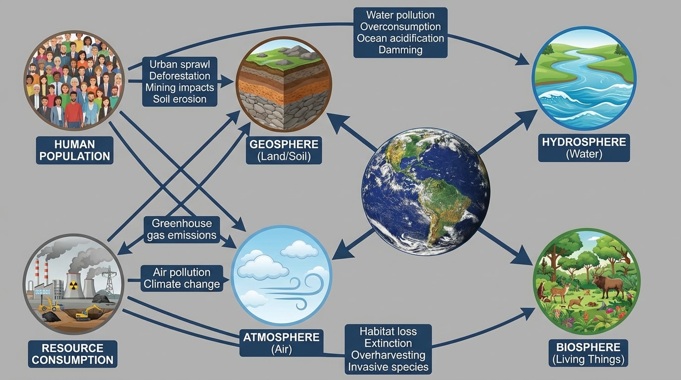 A labeled diagram showing Earth in the center with arrows to four icons: Geosphere (land/soil), Hydrosphere (water), Atmosphere (air), Biosphere (living things). Around the outside, icons of people and factories with arrows indicating impacts on each Earth system.