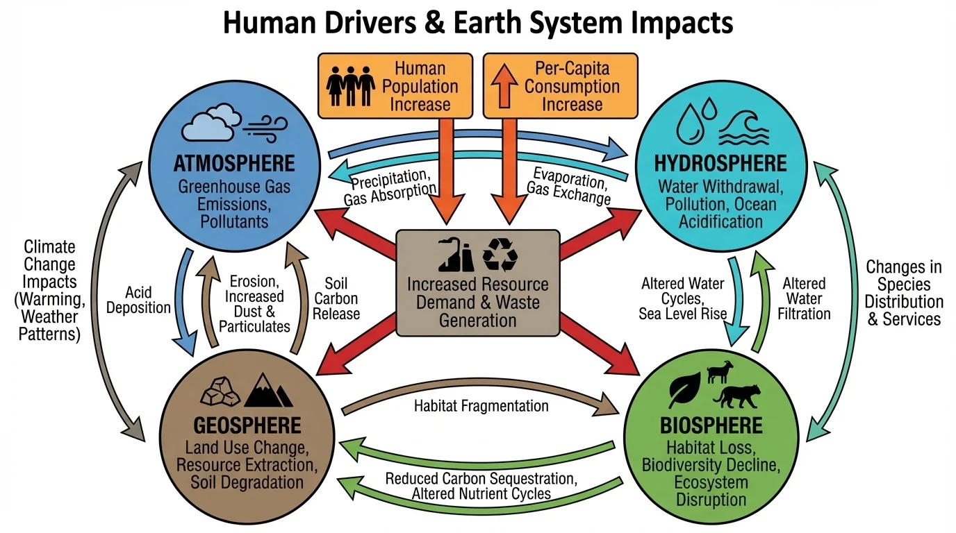 Four Earth systems labeled atmosphere, hydrosphere, geosphere, and biosphere with arrows showing movement of water, gases, heat, and materials among them