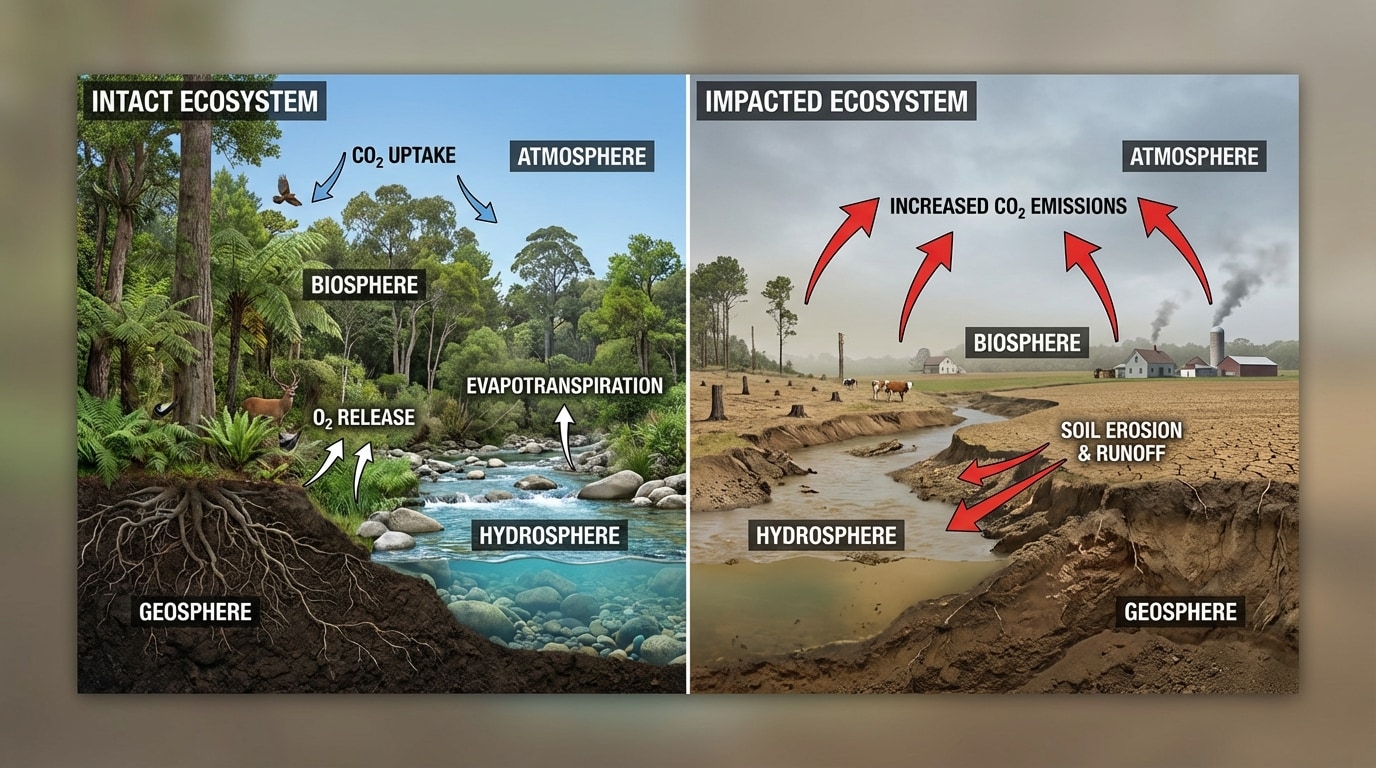 Side-by-side panels. Left: intact forest with labels for biosphere (trees/animals), atmosphere (carbon dioxide arrows), hydrosphere (clean river), geosphere (stable soil with roots). Right: cleared farmland showing fewer trees, eroding soil, runoff into a muddy river, and arrows showing increased CO2 to the atmosphere.