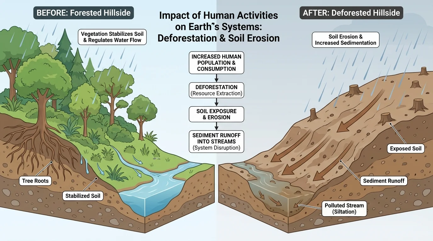 Side-by-side hillside before and after deforestation, showing tree roots holding soil, then exposed soil with rain runoff carrying sediment into a stream