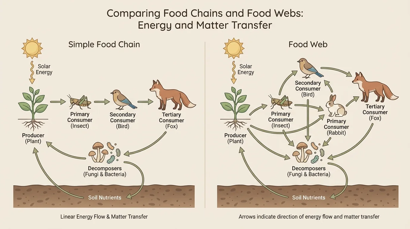 Side-by-side comparison of a simple food chain and a food web with plants, insects, rabbit, bird, fox, and decomposers connected by arrows