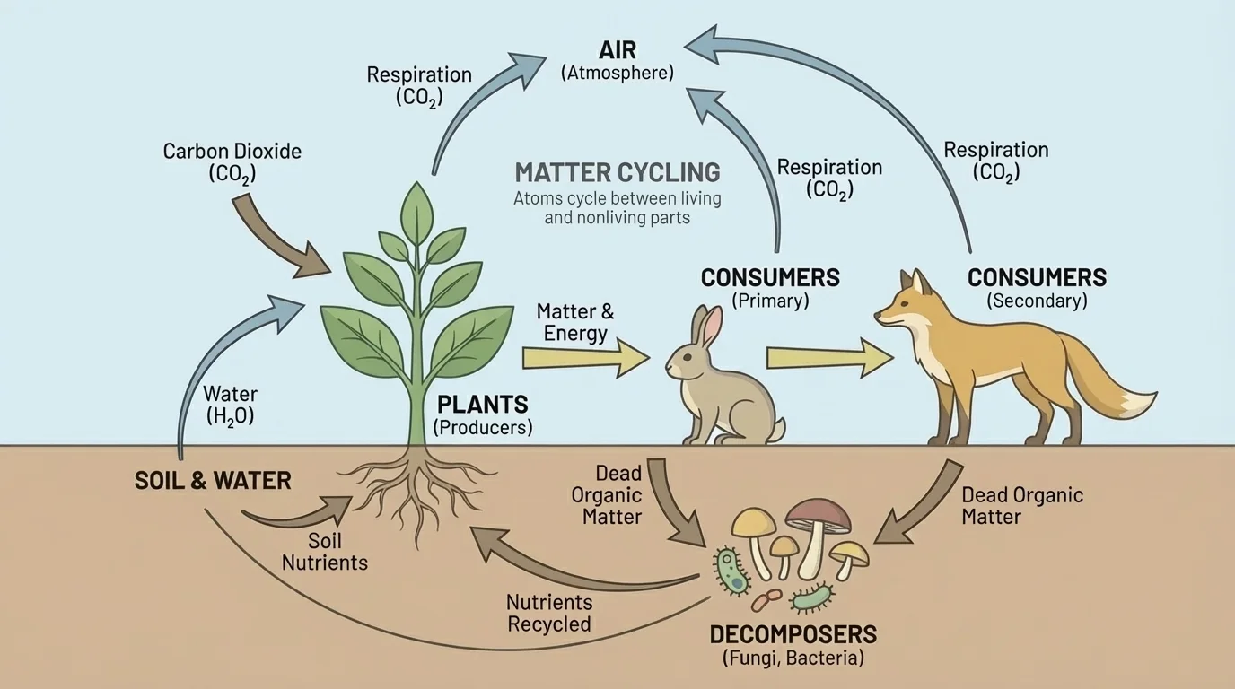 Flowchart showing carbon dioxide, water, soil nutrients, plants, animals, decomposers, soil, and air with arrows cycling matter between living and nonliving parts