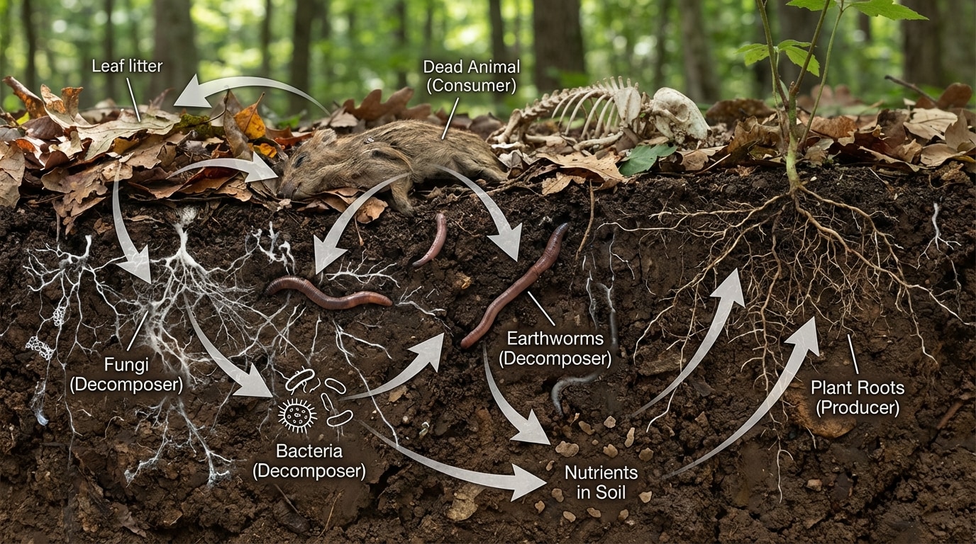 Cross-section of forest floor showing leaf litter, dead animal, earthworms, fungi, bacteria, arrows showing breakdown of matter into nutrients in soil and uptake by plant roots