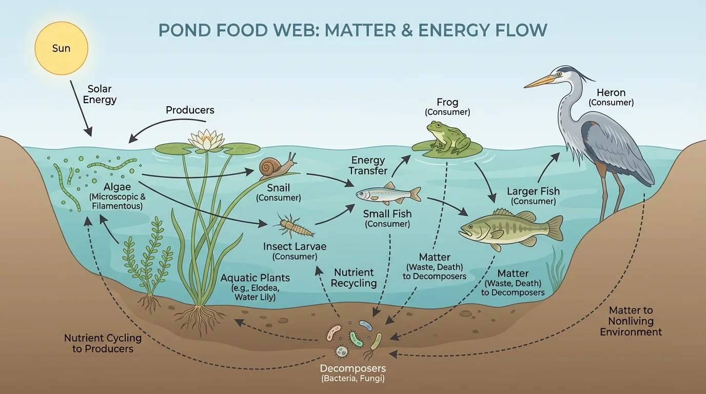 Pond food web with algae, aquatic plants, snail, insect larvae, small fish, frog, larger fish, heron, and decomposers in mud with arrows