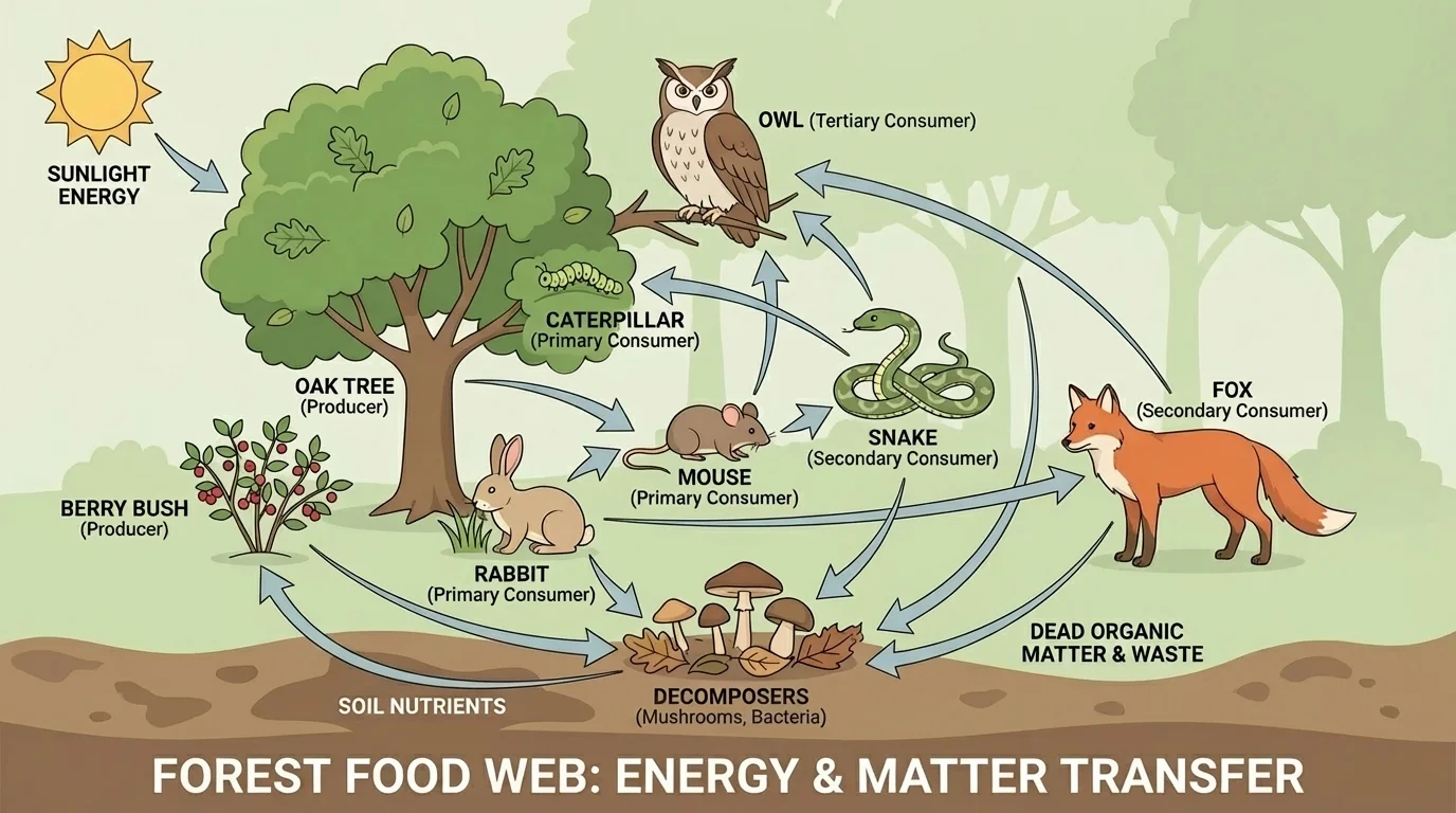 Forest food web with oak tree, berry bush, caterpillar, mouse, rabbit, snake, owl, fox, mushrooms, and leaf litter connected by arrows