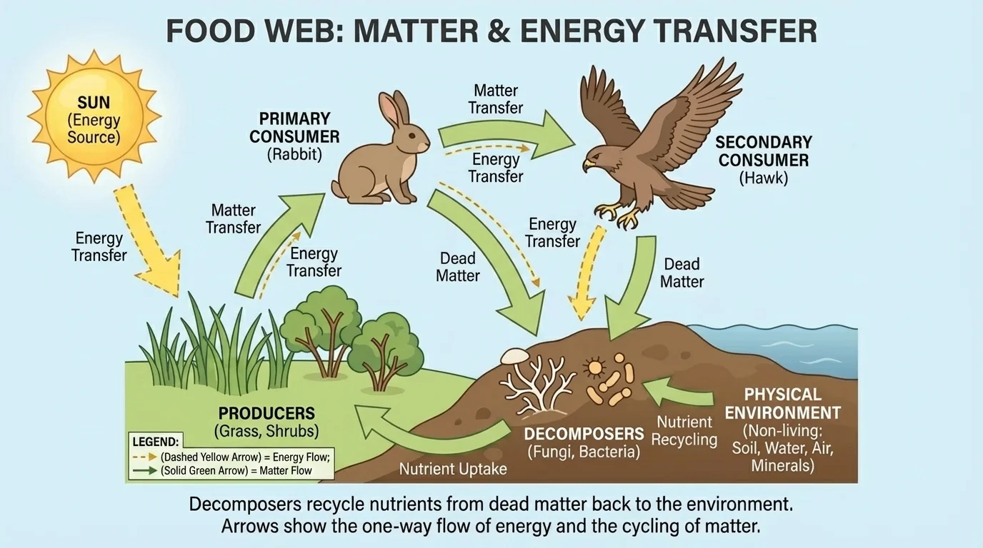 Labeled ecosystem with grass and shrubs as producers, rabbit and hawk as consumers, fungi and bacteria as decomposers, with arrows showing transfers