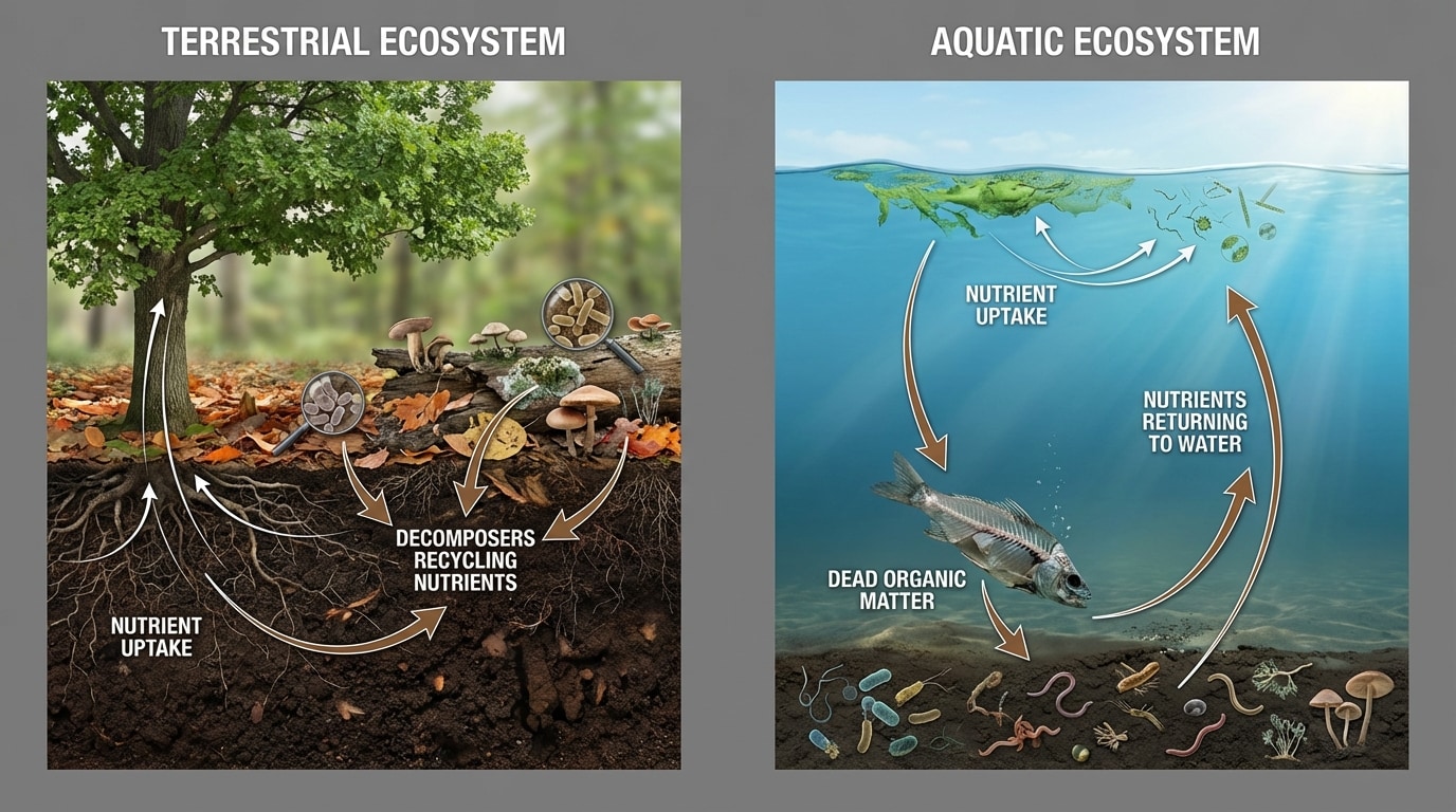 Side-by-side comparison panel; left: land ecosystem with tree, leaf litter, fungi/bacteria returning nutrients to soil, roots absorbing; right: lake ecosystem with dead fish sinking, decomposers in water/mud, nutrients returning to water, algae using them