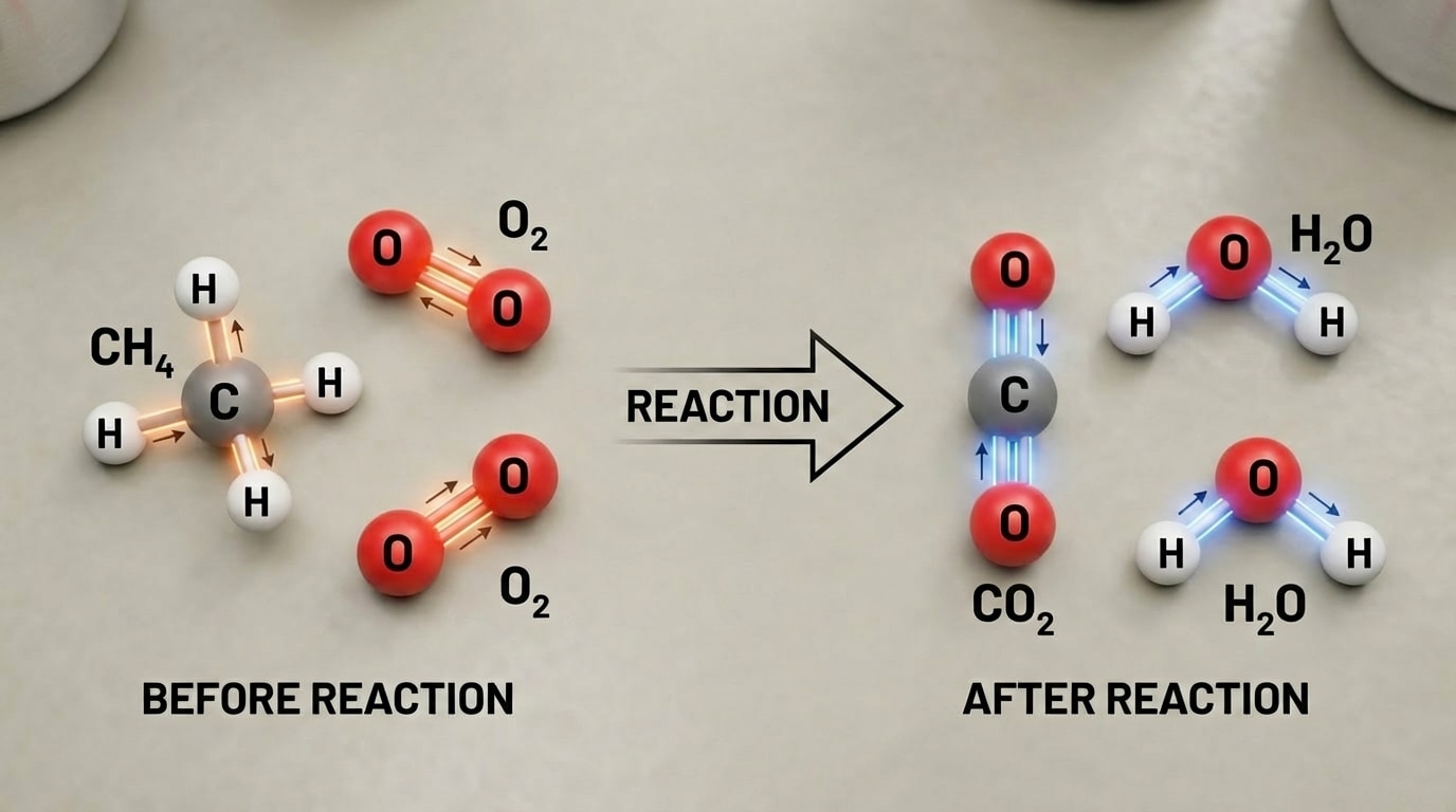 Molecular diagram showing CH4 and O2 molecules before reaction, and CO2 and H2O molecules after reaction, with bonds highlighted and arrows indicating which bonds break and which form