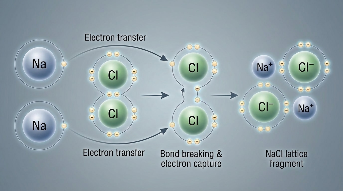 Stepwise electron transfer from two Na atoms to a Cl2 molecule, showing formation of two Na+ and two Cl- ions arranged in a small NaCl lattice fragment