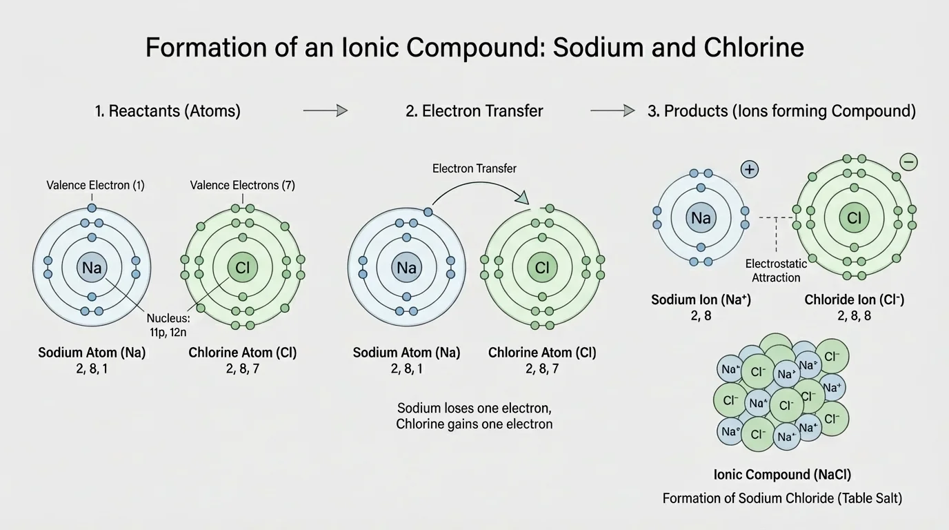 Step-by-step electron transfer from a sodium atom to a chlorine atom, producing Na+ and Cl- ions that attract into an ionic compound