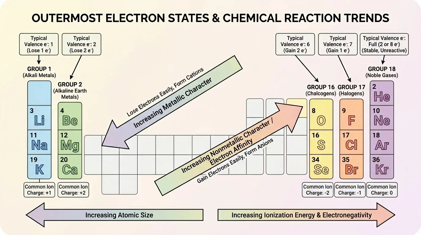 Simplified periodic table highlighting groups 1, 2, 16, 17, and 18 with typical valence electrons, common ion charges, and arrows showing increasing metallic character