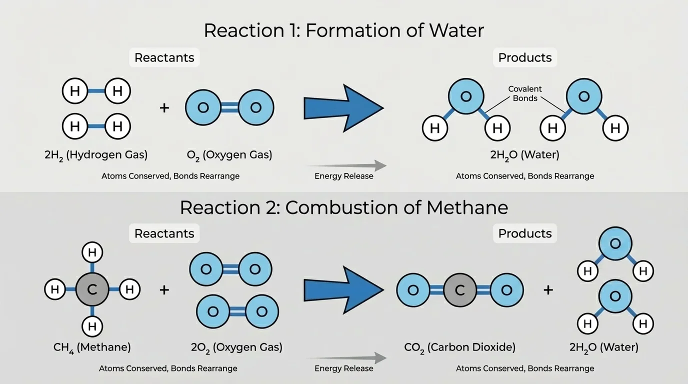 Molecular bond-rearrangement diagram showing H2 and O2 forming H2O, and CH4 reacting with O2 to form CO2 and H2O, with atoms conserved and bonds changing