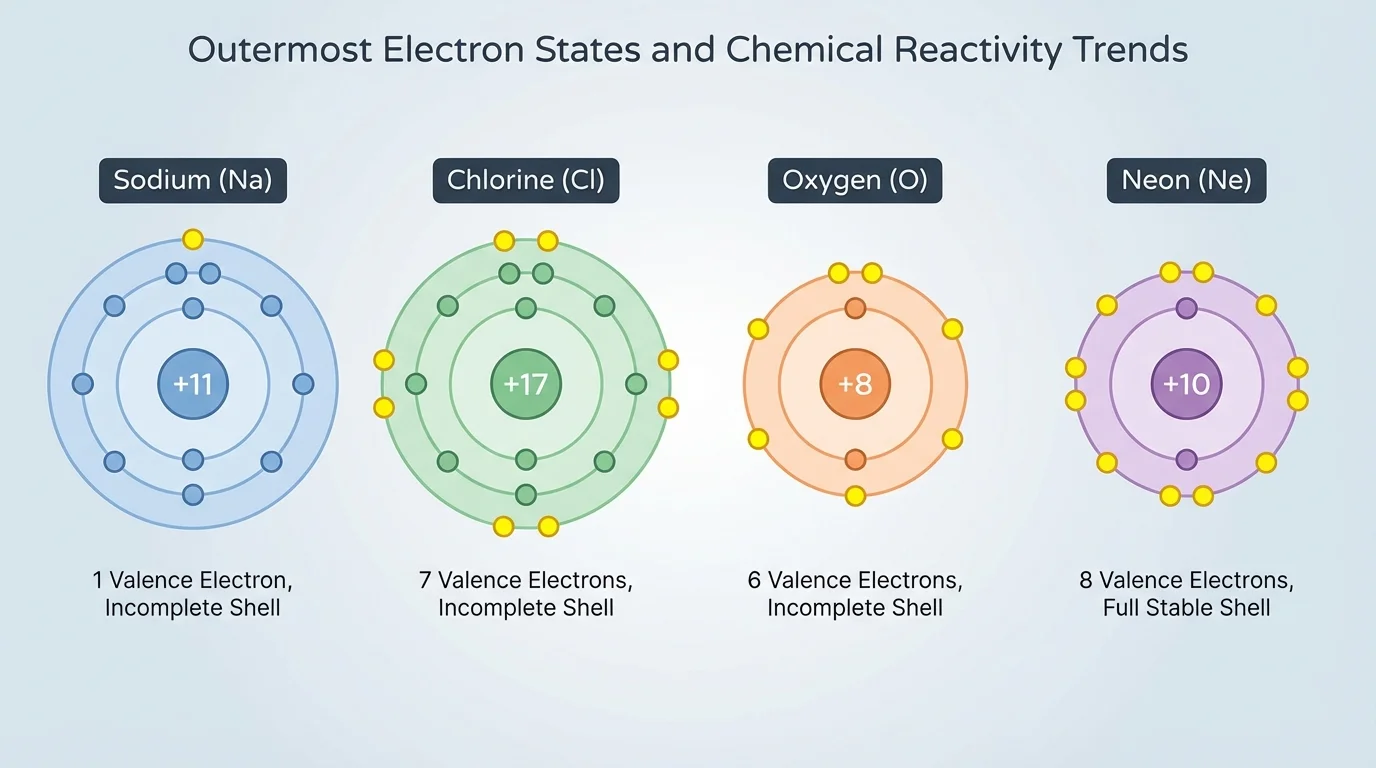 Bohr-style diagrams of sodium, chlorine, oxygen, and neon with outermost electrons highlighted to compare one, seven, six, and full valence shells