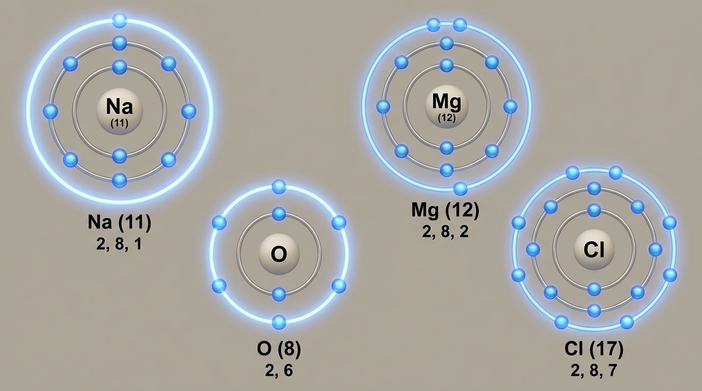 Bohr-style models of Na, Mg, O, and Cl atoms, with shells and valence electrons clearly highlighted in the outer shell