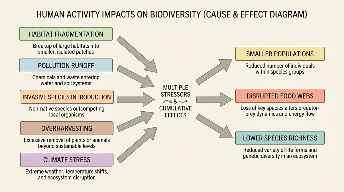 Cause-and-effect diagram showing habitat fragmentation, pollution runoff, invasive species introduction, overharvesting, and climate stress leading to smaller populations, disrupted food webs, and lower species richness