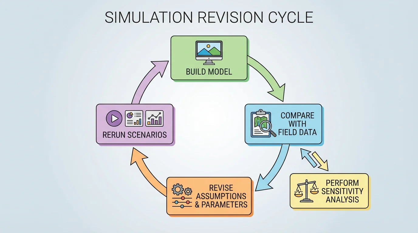 Revision cycle flowchart showing build model, compare with field data, revise assumptions and parameters, rerun scenarios, and perform sensitivity analysis