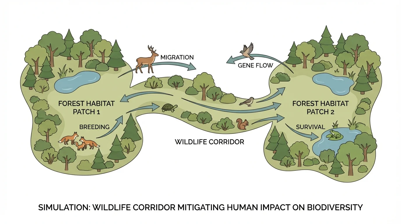 Two forest habitat patches connected by a wildlife corridor, with animals moving between patches and labels for migration, breeding, survival, and gene flow