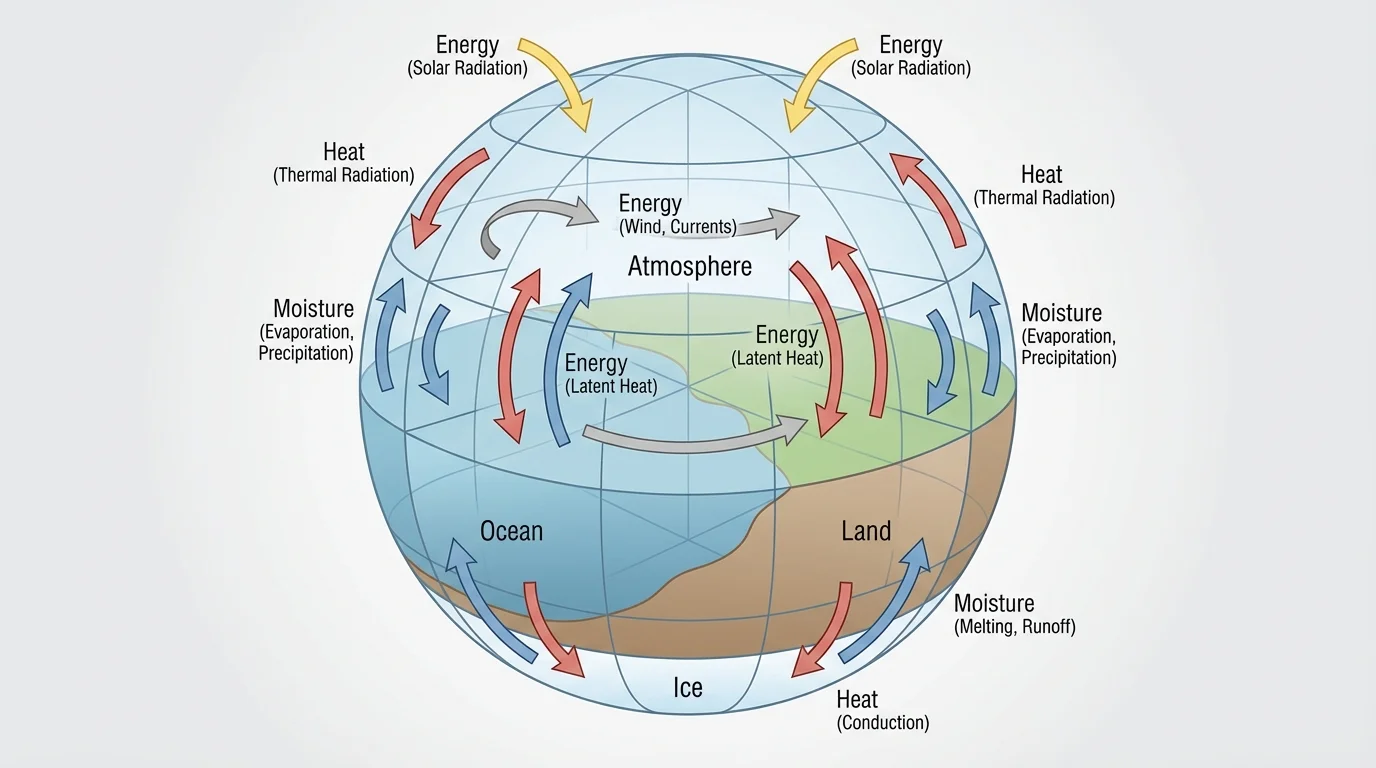 Diagram of Earth divided into climate model grid cells with arrows showing exchanges of heat, moisture, and energy among atmosphere, ocean, land, and ice