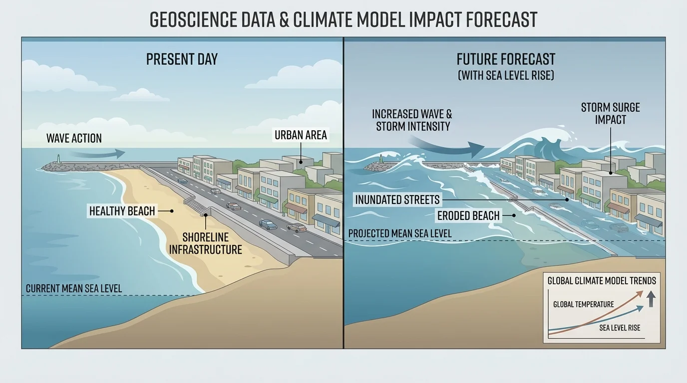 Coastal city shoreline at present and with higher sea level, showing flooded streets, eroded beach, and storms reaching farther inland