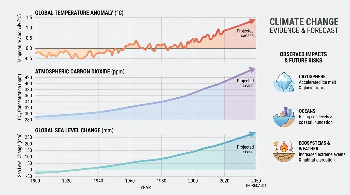 Chart comparing long-term trends in global temperature, atmospheric carbon dioxide, and global sea level, each showing a clear upward pattern over time