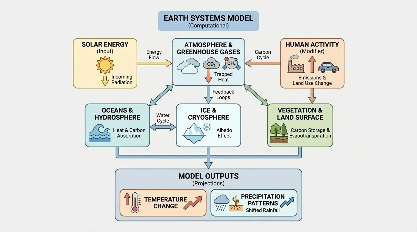 Flowchart of a computational climate representation showing greenhouse gases, solar energy, clouds, oceans, ice, vegetation, and outputs such as temperature and precipitation