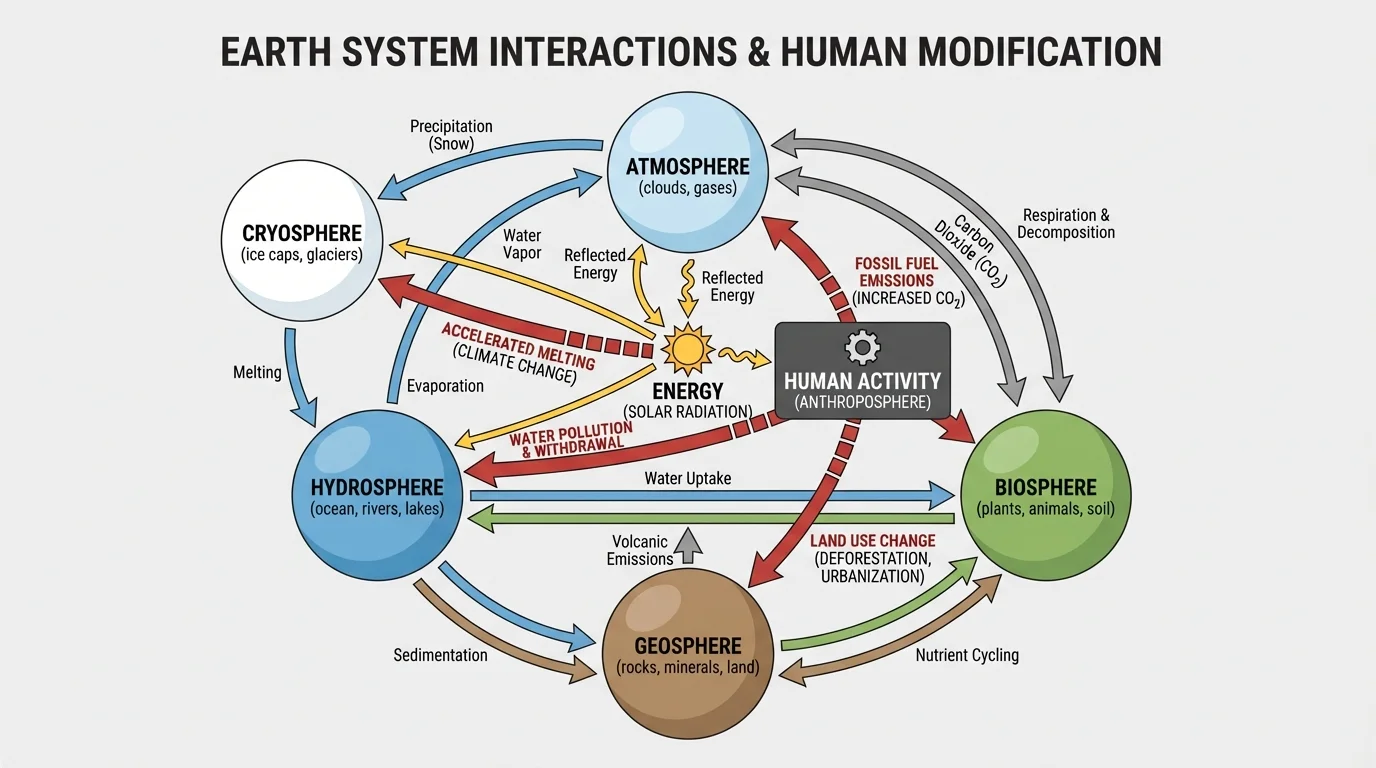 Labeled Earth system diagram with atmosphere, hydrosphere, geosphere, biosphere, and cryosphere connected by arrows showing water, carbon, and energy movement