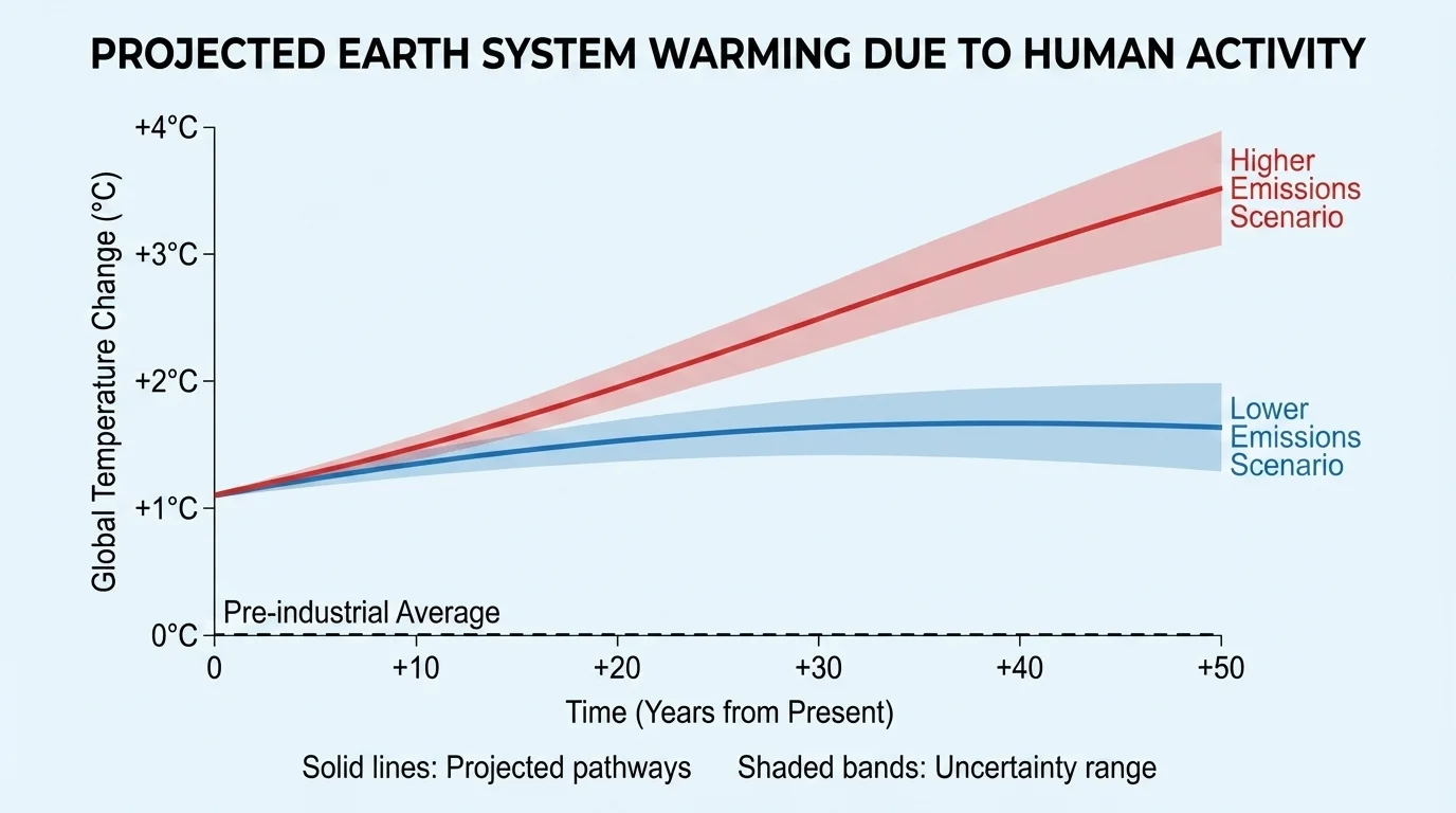 Graph with several warming projection lines over time and a shaded uncertainty band, labeled as lower and higher emissions scenarios