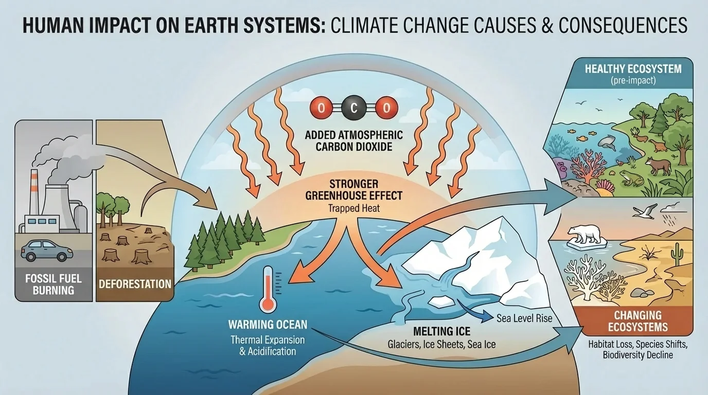Diagram showing fossil fuel burning, deforestation, added atmospheric carbon dioxide, stronger greenhouse effect, warming ocean, melting ice, and changing ecosystems