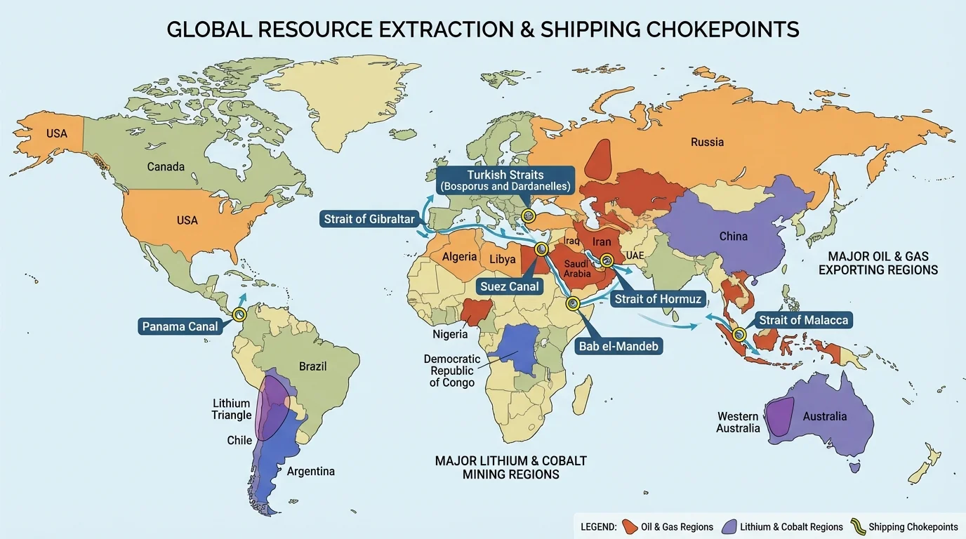 world map highlighting major oil and gas exporting regions, major lithium and cobalt mining regions, and key shipping chokepoints such as major canals and narrow straits