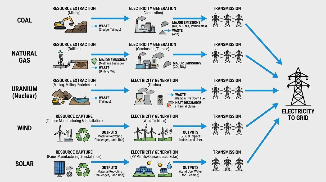flowchart comparing coal, natural gas, uranium, wind, and solar from source extraction or capture to electricity generation, transmission, and major waste or emissions outputs