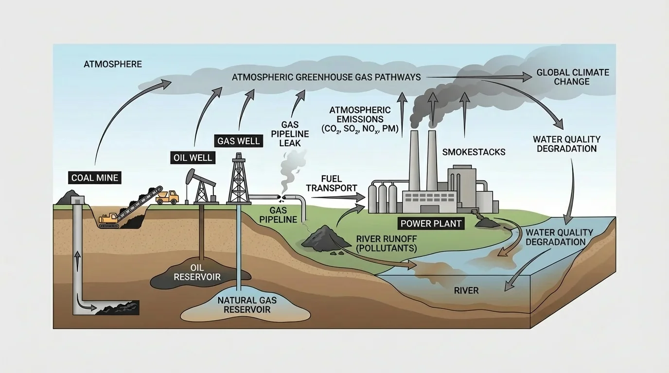 diagram showing a coal mine, oil well, gas pipeline leak, power plant smokestacks, river runoff, and atmospheric carbon dioxide pathways to illustrate extraction-to-emission environmental impacts