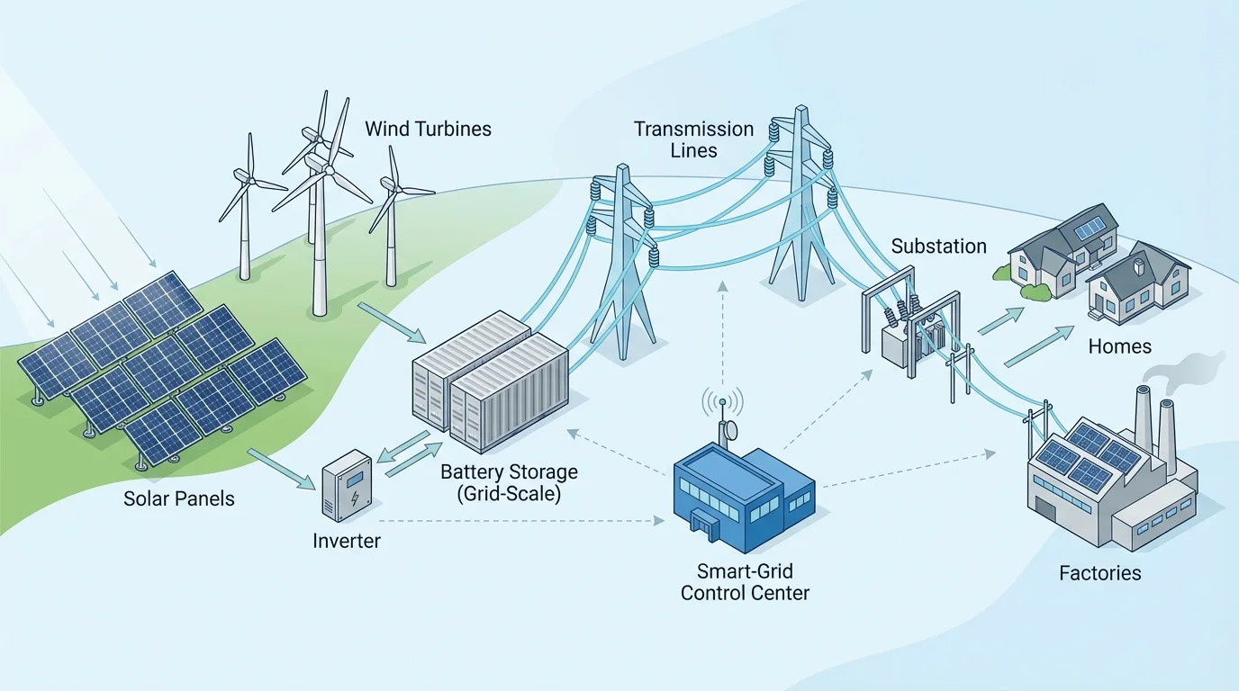 diagram of solar panels and wind turbines feeding battery storage, transmission lines, homes, factories, and a smart-grid control center