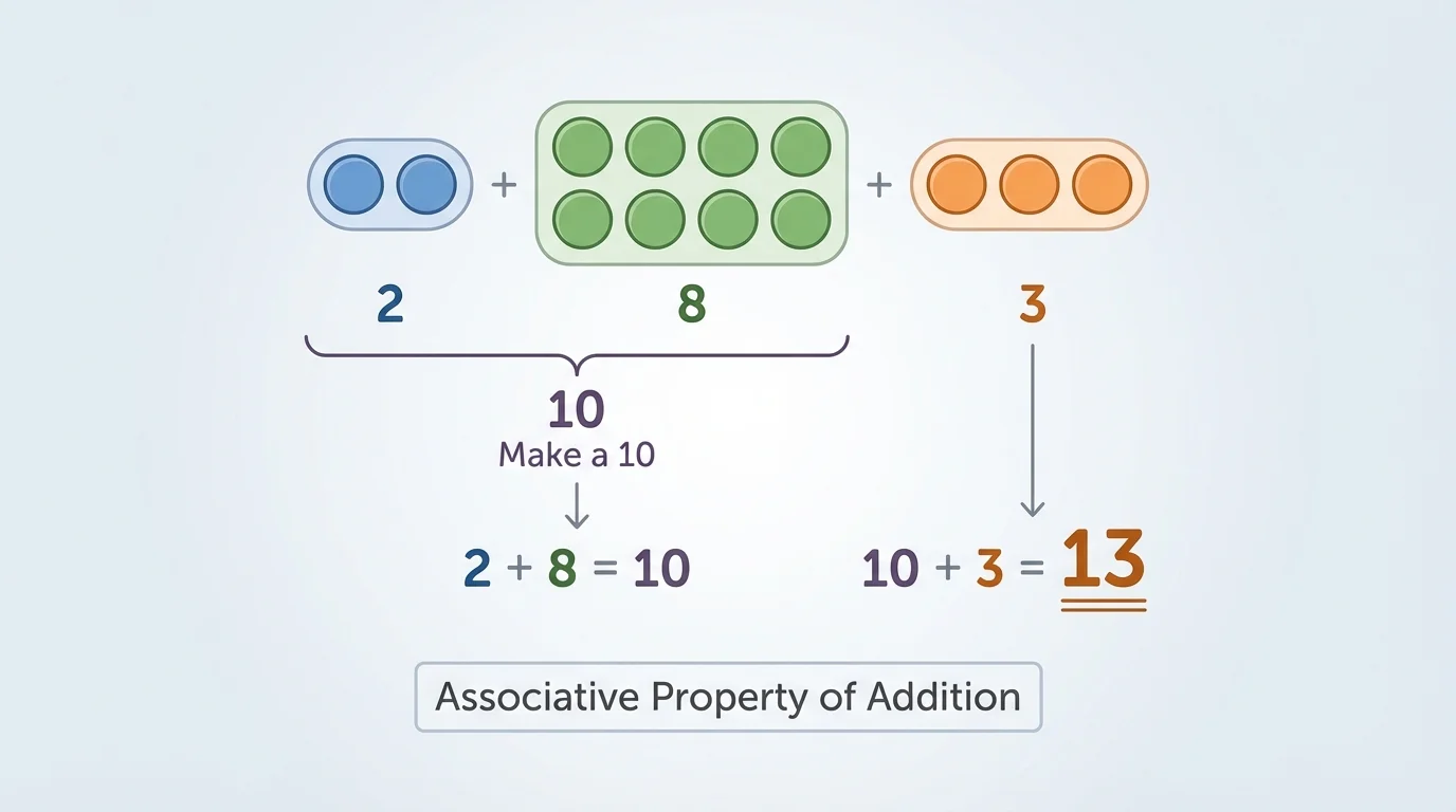 three groups of counters labeled 2, 8, and 3, with a brace showing 2 and 8 grouped to make 10, then plus 3 equals 13
