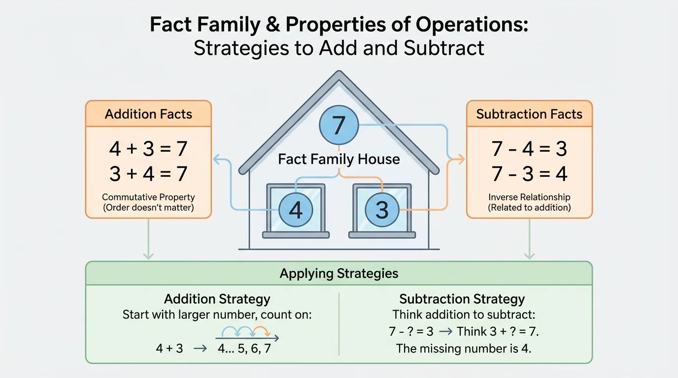 fact family triangle or house with numbers 4, 3, and 7 connected to two addition facts and two subtraction facts