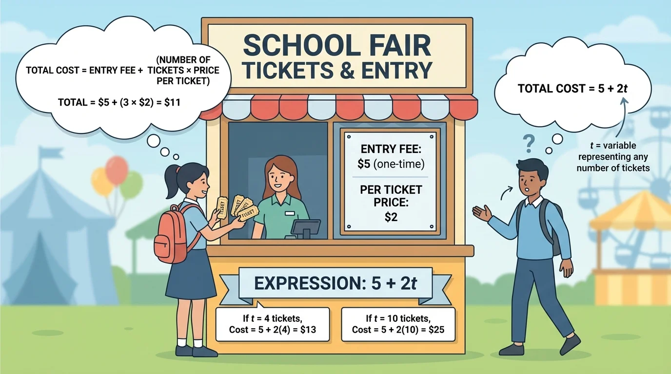 school fair ticket booth with a sign showing entry fee and ticket price, and a student buying different numbers of tickets to represent a total-cost expression