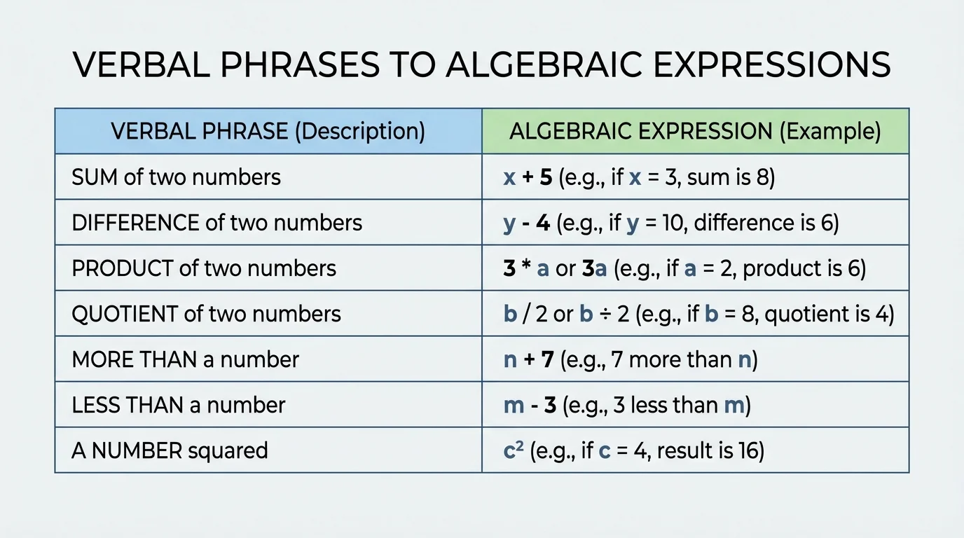 chart matching verbal phrases to algebraic expressions, including sum, difference, product, quotient, more than, and less than with short examples