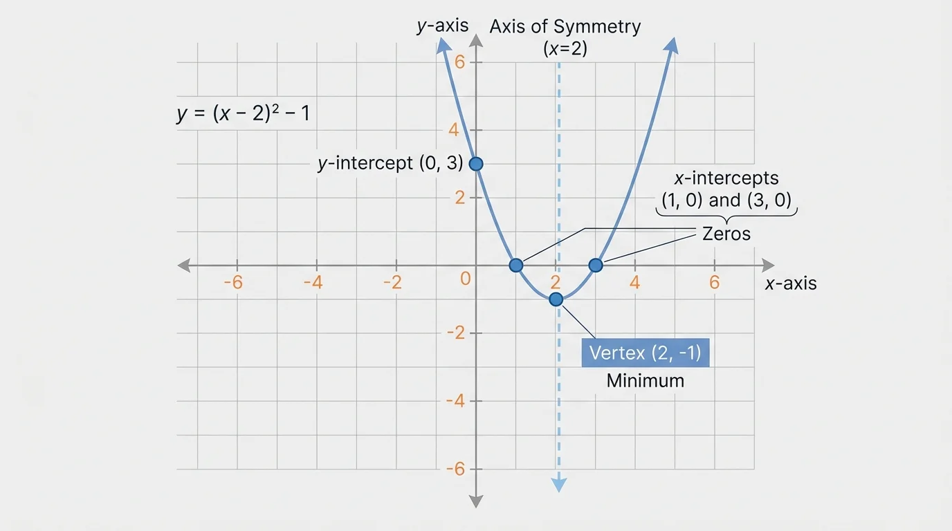 Coordinate plane with an upward-opening parabola, vertex labeled, dashed axis of symmetry, and x-intercepts marked