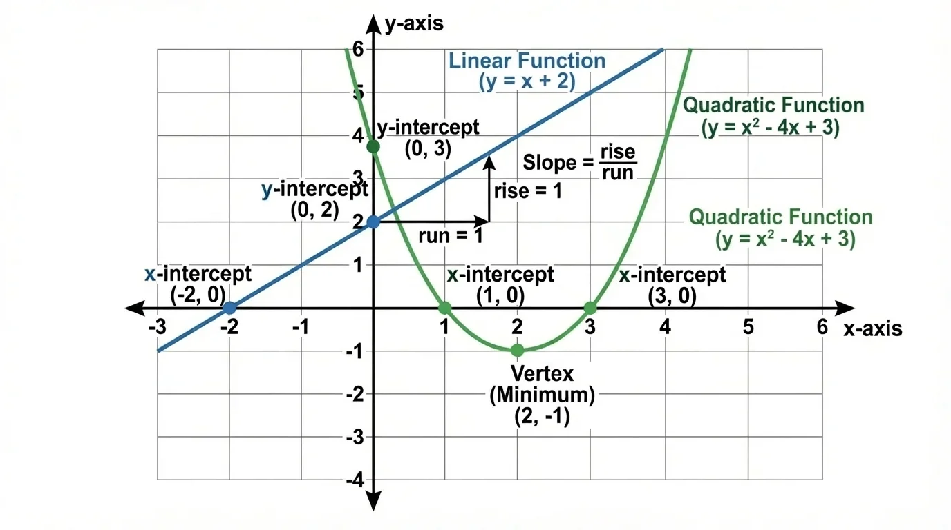 Coordinate plane showing a rising straight line with y-intercept and x-intercept marked, and slope indicated by rise and run